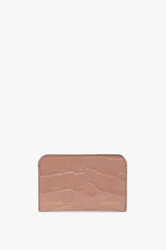 Konvoluttkortlomme i rosa krokodillepreget skinn